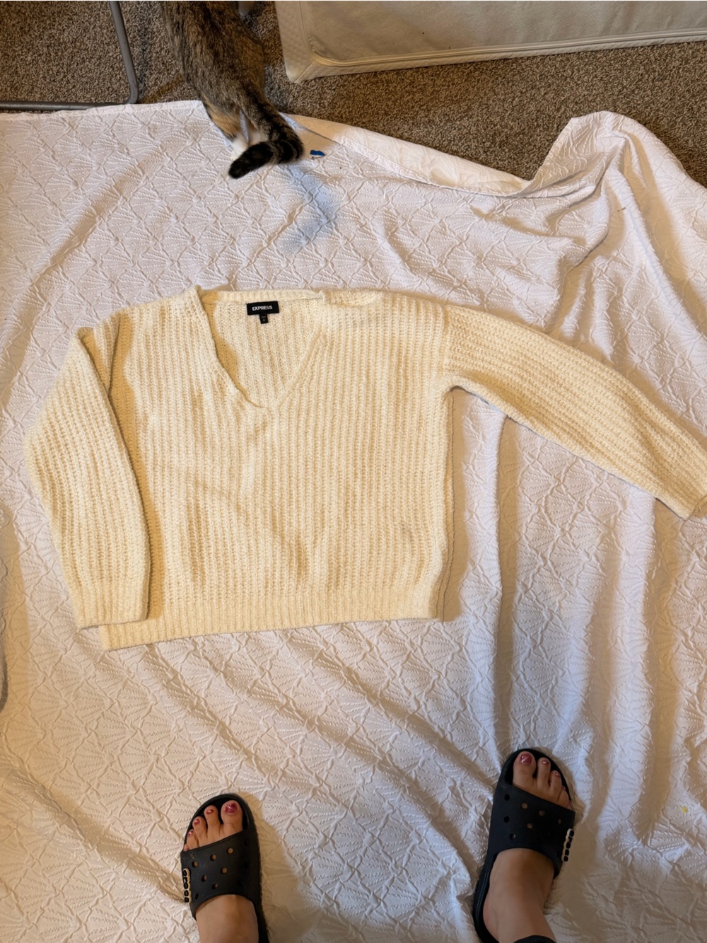 Express Cream V-Neck Pullover Sweater